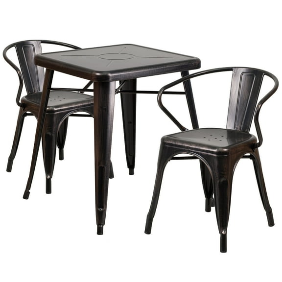 Flash Furniture Owen Commercial Grade 23.75" Square Black-Antique Gold Metal Indoor-Outdoor Table Set with 2 Arm Chairs