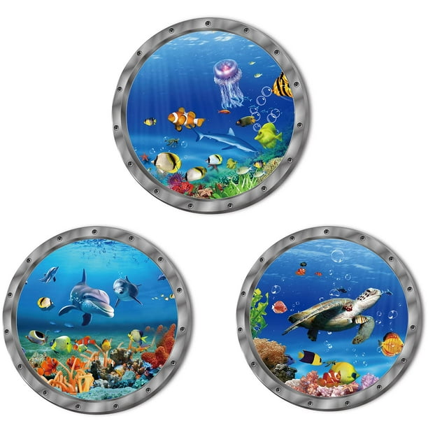 Ocean Animals World Under Sea Decor Incluye Tortugas Marinas, Delfines, Peces, 3 Pegatinas De Vinilo 3D Extraíbles Para Decoración De Pared De Baño, Pegatinas De Pared Para Muebles De Dormitorio