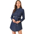 thumbnail image 1 of Vestido camisero Allegra K de mezclilla con botones y cinturón Azul M, 1 of 6