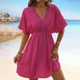 thumbnail image 2 of Mingw Womens Midi Dress Summer Short Sleeve Babydoll for Women Classic Sundress Tiered Pleated Swing Flowy Loose Beach Casual Smocked ,M,Hot Pink, 2 of 5