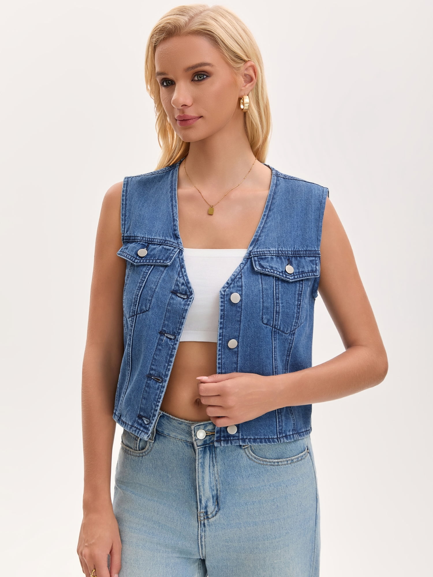 DARING DIVA Women's V Neck Button Up Sleeveless Cropped Denim Vest M Blue