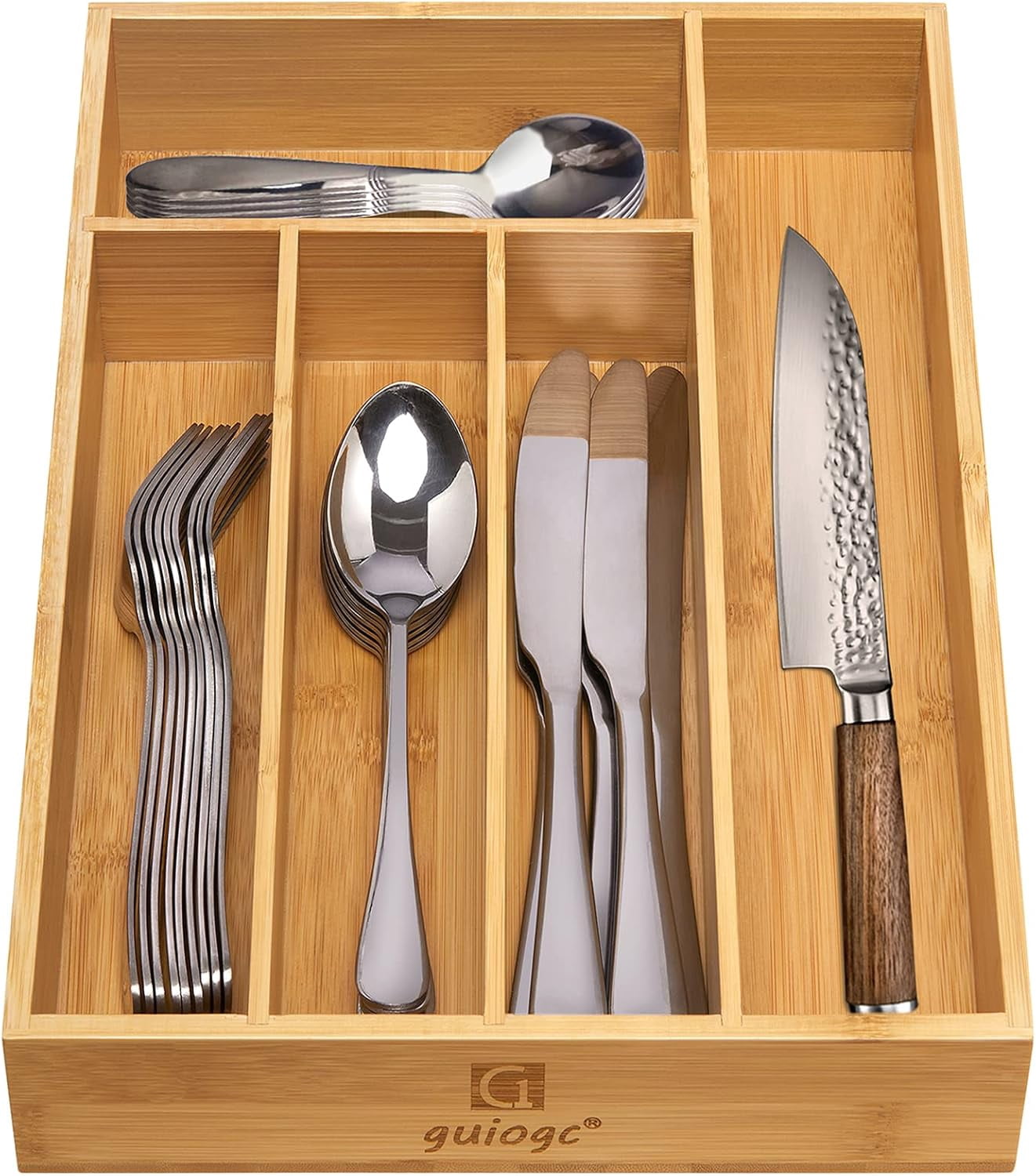 AP Kitchen Bamboo Silverware Drawer Organizer，Silverware Organizer and Cutlery Tray with Grooved Drawer Dividers for Silverware, Knives in Kitchen, Bedroom (5 Slot-Natural)