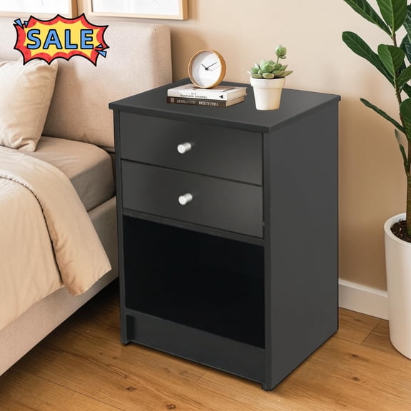 Tcbosik Night Stand with Open Shelf and 2 Storage Drawers, 15.7 Inch Small Bedside Table, Modern End Table for Bedroom, Living Room, Black