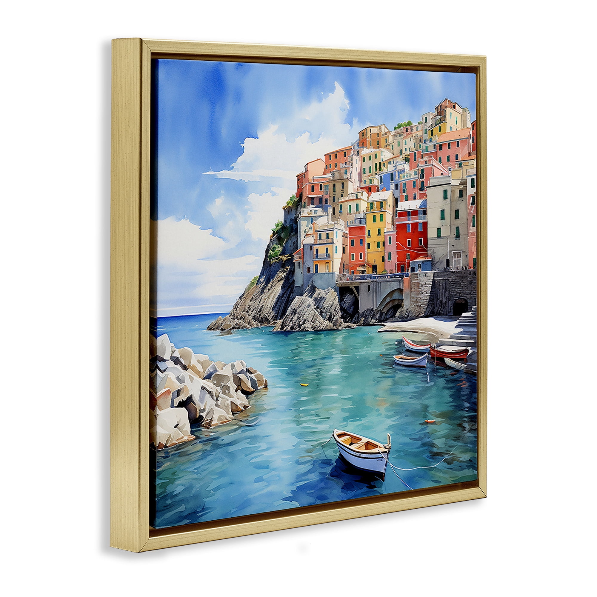 Stupell Industries Cinque Terre Port Transportation Painting Gold Floater Framed Canvas Art Print Wall Art, 18 x 18