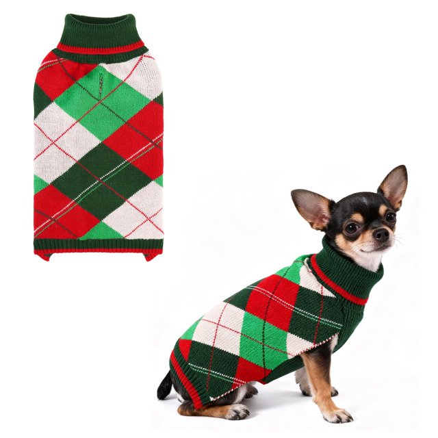 Suéter navideño clásico para perros KOOLTAIL, cuello alto a cuadros, talla XS