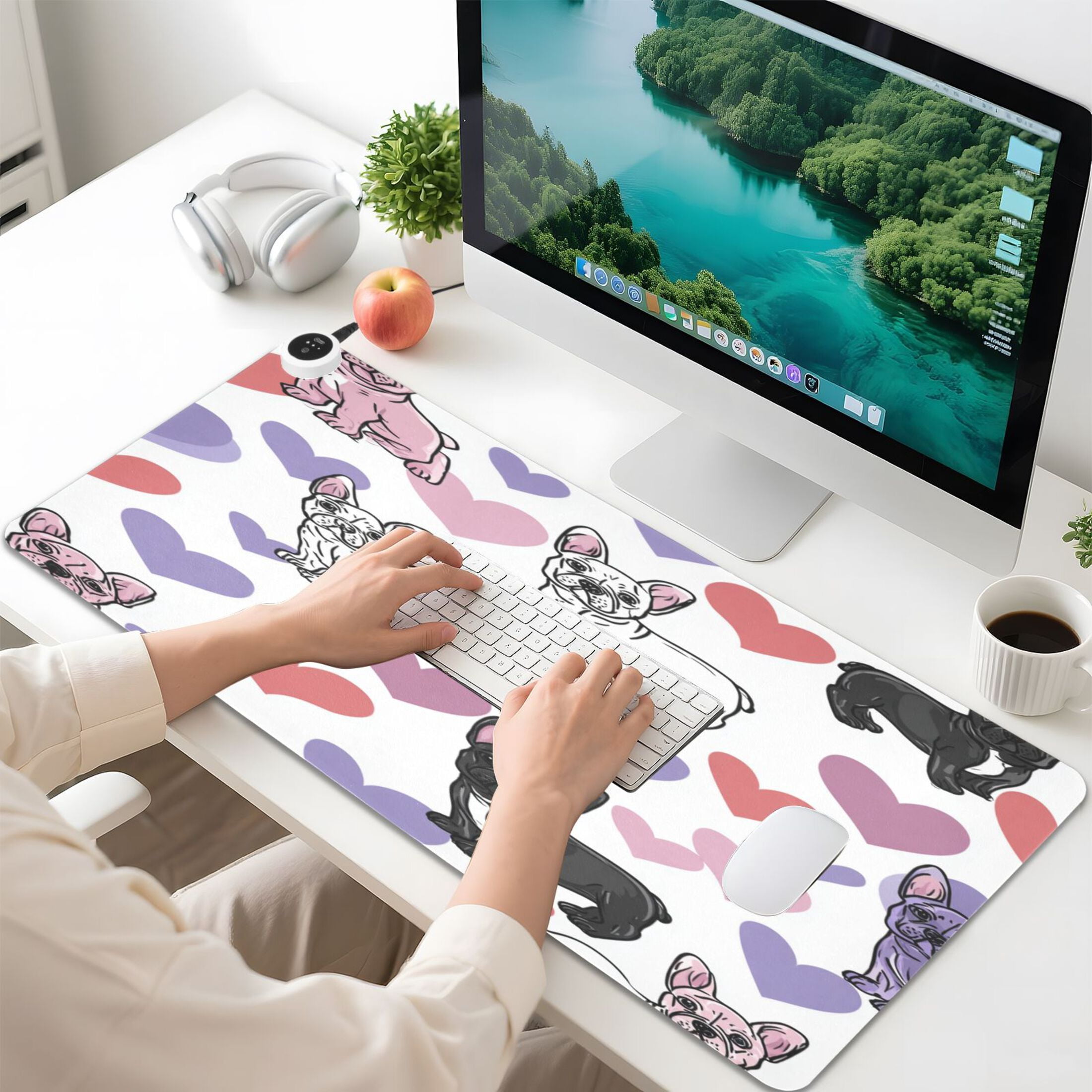 Large Heated Desk Mat Mouse Pad 31.5"x13"PU Leather Graphene Heating Desk Warmer with 3 Temperature Settings 110V US Plug Non-Slip Warm Pad for Home, Office, and Gaming Cute Frenchie Heart Background