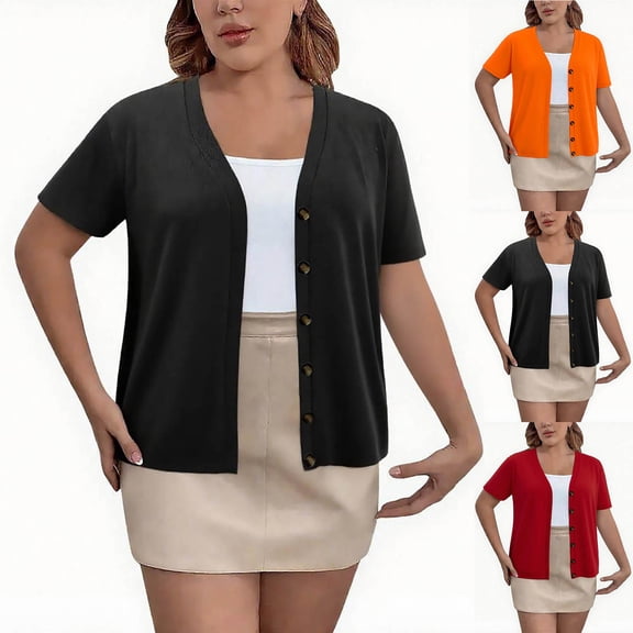FNFYFH Women Plus Size Short Sleeve Sweaters Summer Lightweight V-Neck Button Down Cropped Cardigan Shrug Sweater Tops