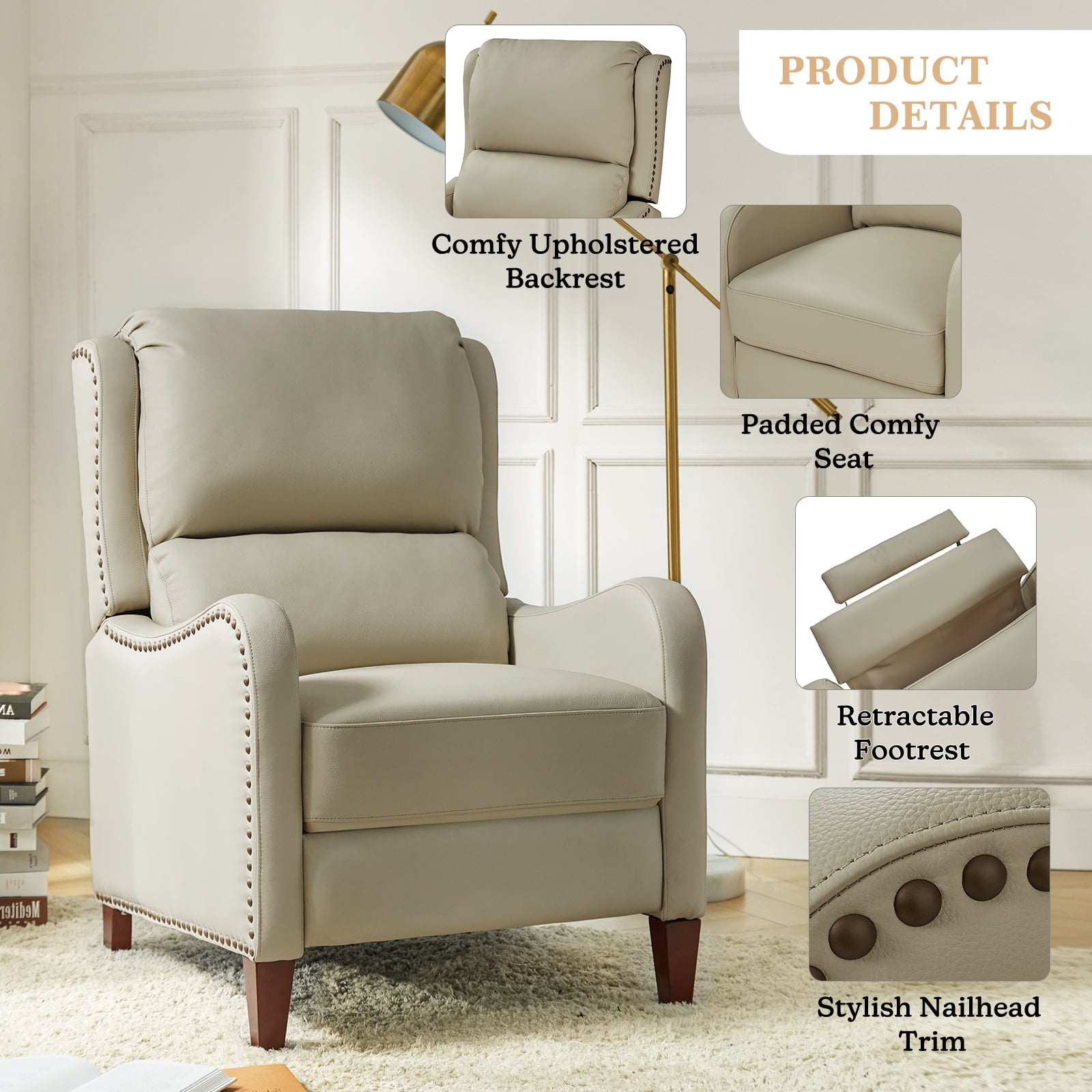 Genuine Leather Recliner Chair Push Back Upholstered Armchair Wingback Lounge Sofa Wood Leg Home Decor Living Room Beige