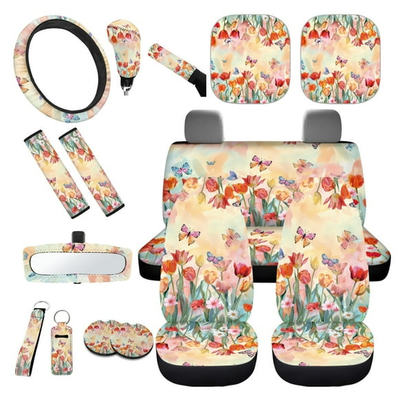 Yuyamidu 16 PCS Car Seat Cover Set with Steering Wheel Cover Tulip Seat Belt Strap Pad Butterfly Cup Holder Rear View Mirror Cover Keychain Gear Shift Knob Cover Car Shade for Front Windshield