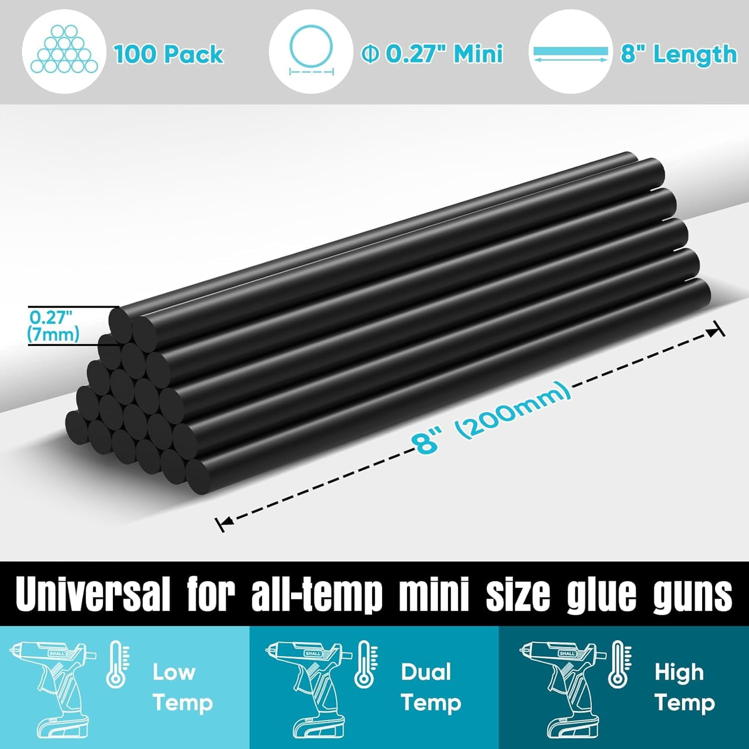 Mini Hot Glue Sticks, 0.27” Dia x 8” Long, 100 Pack Black Gun Sticks for All-Temp Guns, Melt Adhesive Multipurpose DIY Craft Sealing Repair Festival Decoration