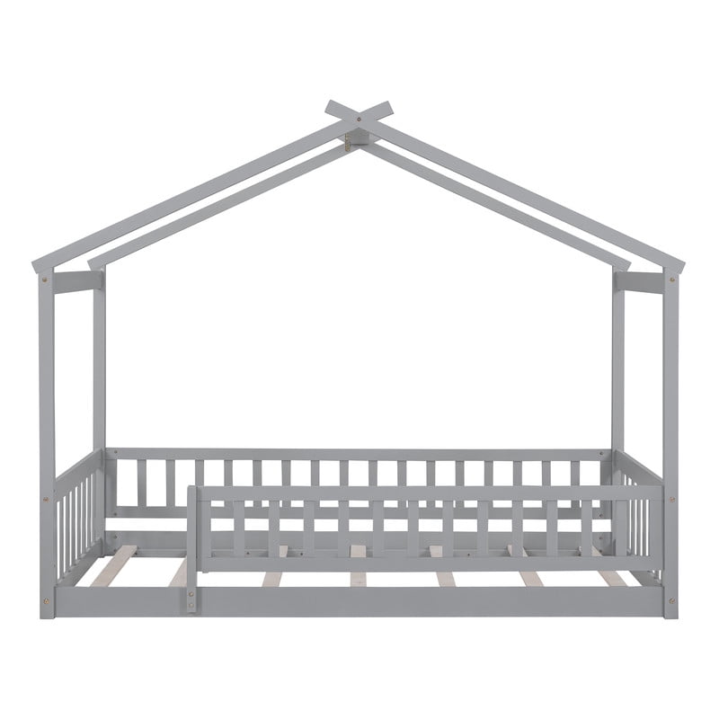 Twin Size Wood House Bed Floor Bed with Fence and Guardrails, Kids Playhouse Bed Toddler Bed Montessori Bed for Kids Boys Girls, No Box Spring Needed
