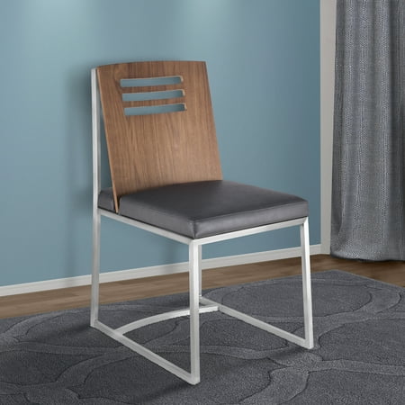Armen Living Oxford Dining Chair in Brushed Stainless Steel with Vintage Grey Faux Leather and Walnut Wood Back (Set of 2)