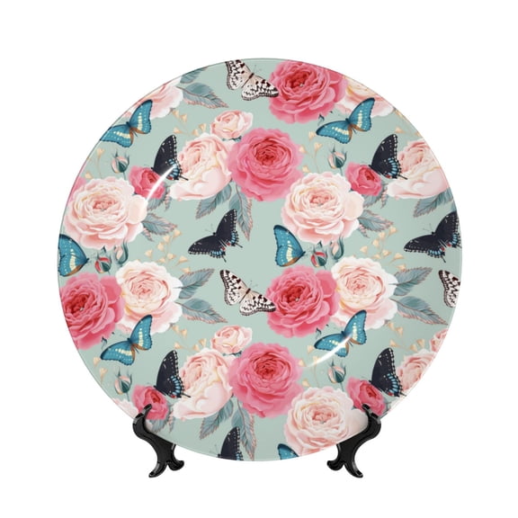 Picia Roses and Butterflies Pattern Bone China Decorative Plate – Wall Decor with Stand and Adhesive, Elegant Ornament for Living Room, Office, or Entryway-6in