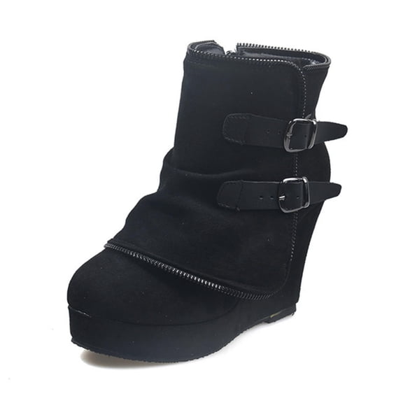 SACFOF Women Wedge Fashion Ankle Boots Side Zipper Buckle Casual Suede Round Toe Platform Wedge Booties Winter Comfort Dress Heeled Short Boots