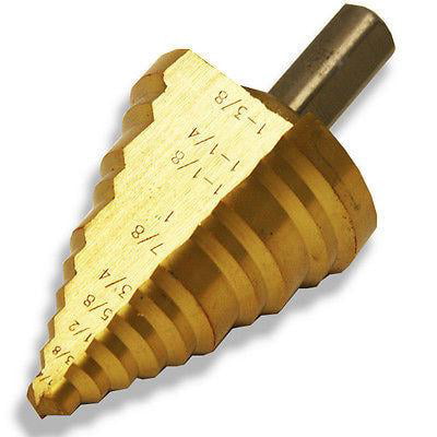 Titanium Step Drill Bit 1/4 inch to 1-3/810 Step Size 2 Straight Flutes Trilateral Stem for Metal Wood Plastic High Speed ​​Steel 