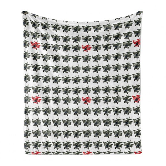 Airplane Soft Flannel Fleece Throw Blanket, Different Concept of Cartoon Retro Aircraft on Plain Background, Cozy Plush for Indoor and Outdoor Use, 50" x 60", Dark Pink and Army Green, by Ambesonne