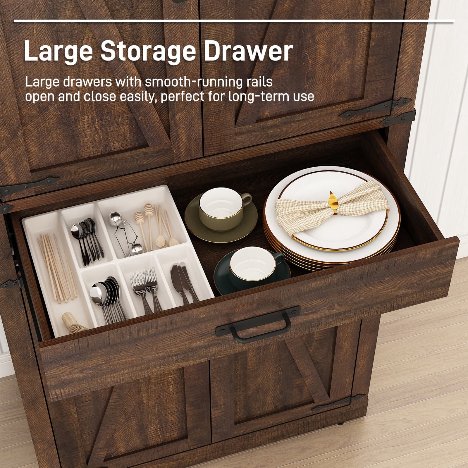 72" Tall Farmhouse Kitchen Pantry Cabinet w/1 Drawer & 4 Roomy Storage Shelves, Versatile Wood Storage Cabinet with 4 Barn Door & Adjustable Shelves & for Dining Room Bathroom Utility Room