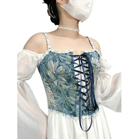 

Women Vintage Floral Camisole Flower Embroidery Pattern Tight Vest Drawstring Tie-up Tank Top Suspender Corset