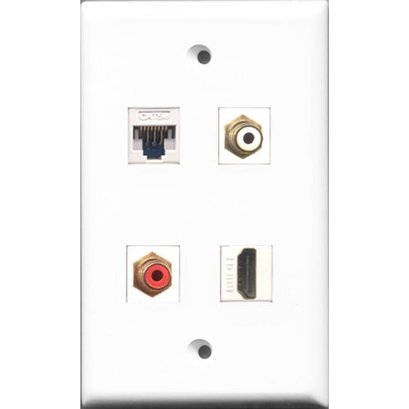 RiteAV 1 Port HDMI and 1 Port RCA Red and 1 Port RCA White and 1 Port Cat5e Ethernet White Wall Plate