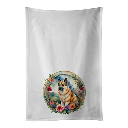 

Norwegian Buhund and Flowers Kitchen Towel Set of 2 White Dish Towels 19 in x 28 in