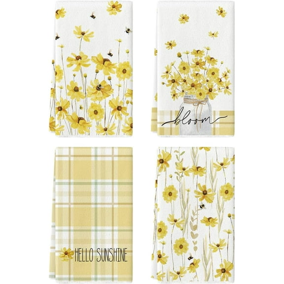 Yellow Floral Vase Spring Kitchen Towels Dish Towels, 18x26 Inch Hello Sunshine Seasonal Summer Decoration Hand Towels Set of 4