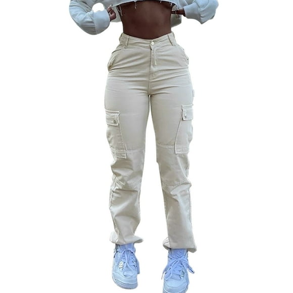 TSADFHJI Knit Skirt Women Fashion Streetwear Pockets High Waist Straight Vintage Baggy Trousers Cargo Pants L White