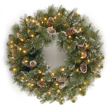 National Tree 24" Glittery Pine Wreath with Cones, Snowflakes and 50 Clear Lights