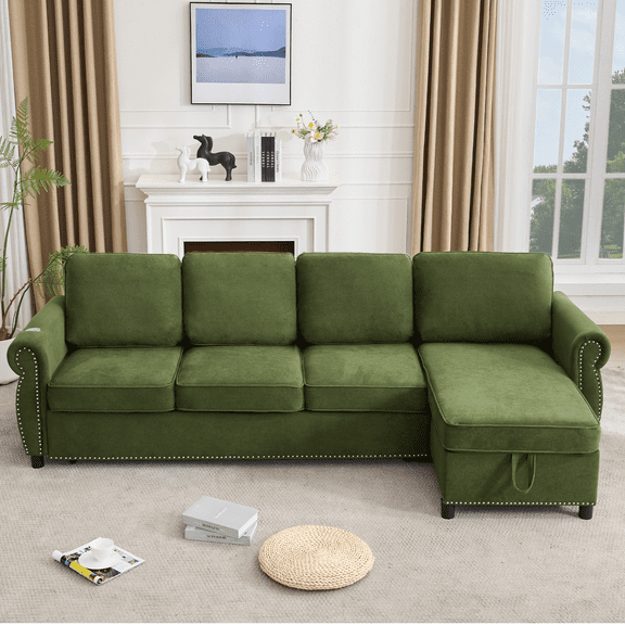 CKEASEAN 106.5'' Full Pull Out Sofa Bed, Flannel L-Shaped 4 Seater Modular Sectional Couch with Pillows, Wireless Charging & USB Ports, Mattress Convertible Pull Out Couch for Living Room