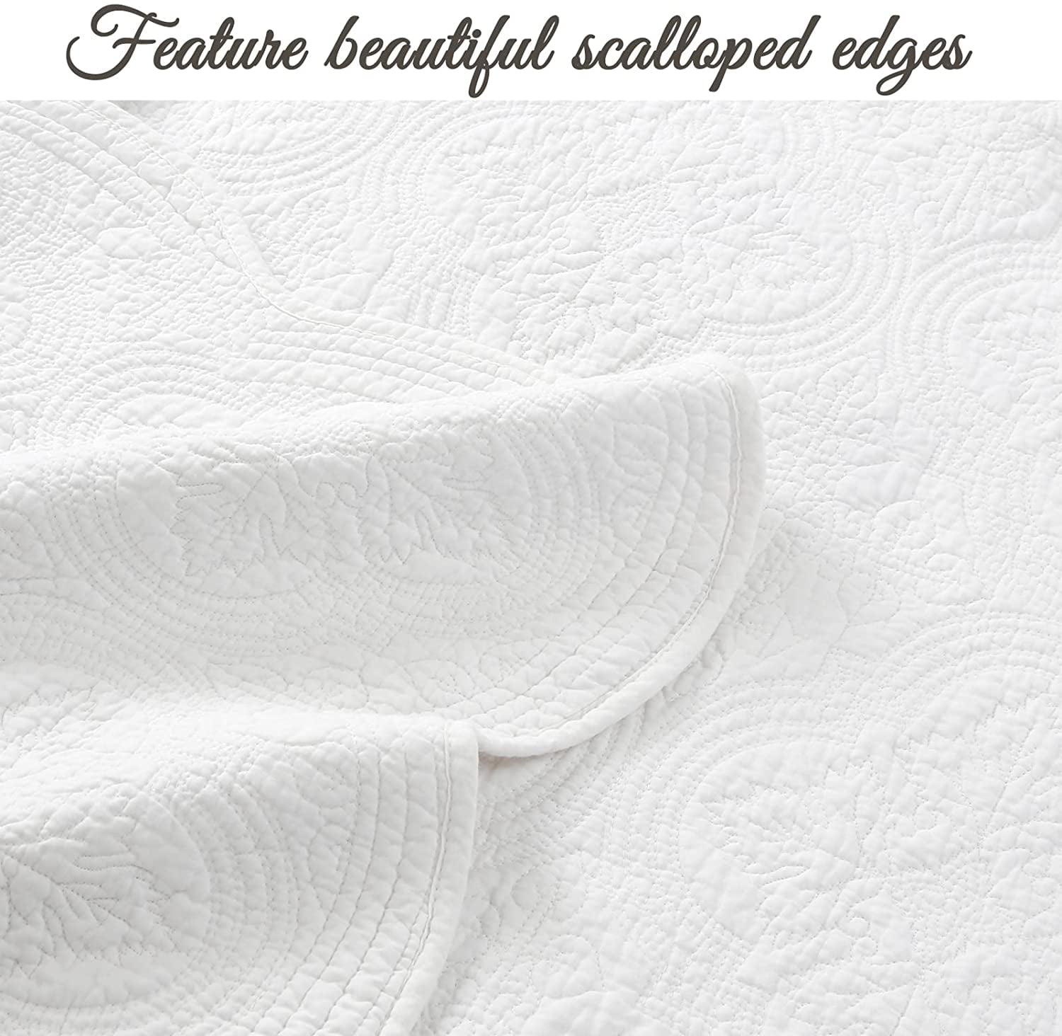 Cozy Line Victorian Medallion Matelasse Scalloped Edge 100% Cotton 3-Piece White Quilt Bedding Set, King
