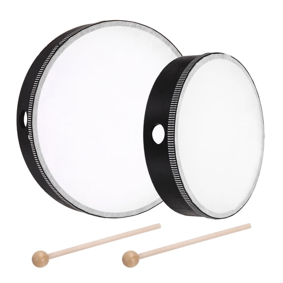 Uxcell 2 Pcs Hand Drum Music Percussion 10 Inch & 8 Inch Wood Frame Drum Set with Drum Stick Musical Instrument for Musical Education Home Party Performance Supplies (Black)