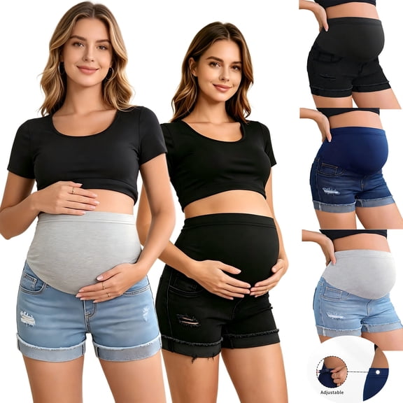 qolati Womens Maternity High Elastic Waist Ripped Roll Up Hem Denim Clothes Mini Shorts Summer Casual Yoga Pregnancy Shorts Dark Blue L