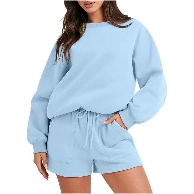 Tenues à Capuche Deux Pièces pour Femmes 2023 Mode Col Rond Couleur Unie Blouse Manches Longues Hauts Chandail en Molleton Shorts Ensemble Décontracté en Liquidation