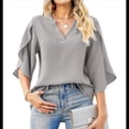 thumbnail image 3 of Blusa Holgada de con Cuello en V y Mangas 3/4 con Volantes para Mujer, Color Gris, Talla S, 3 of 6