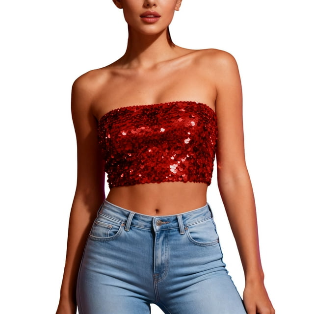 Womens Tube Tops,Casual Strapless Basic Backless Sleeveless Bandeau Going Out Crop Sequins,Womens Tops