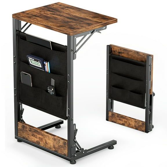 Folding TV Tray Table, C-Shaped End Table With Storage Bag - Portable End Table For Couch, Bedroom, Living Room, Sturdy Metal Frame Tray Table With Extra Storage For Snacks, Laptop (Brown)