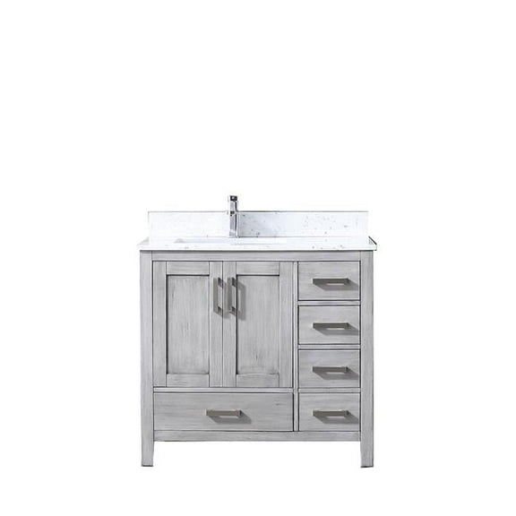 Jacques 36'' Distressed Grey Single Vanity  White Carrara Marble Top  White Square Sink and no Mirror - Left Version