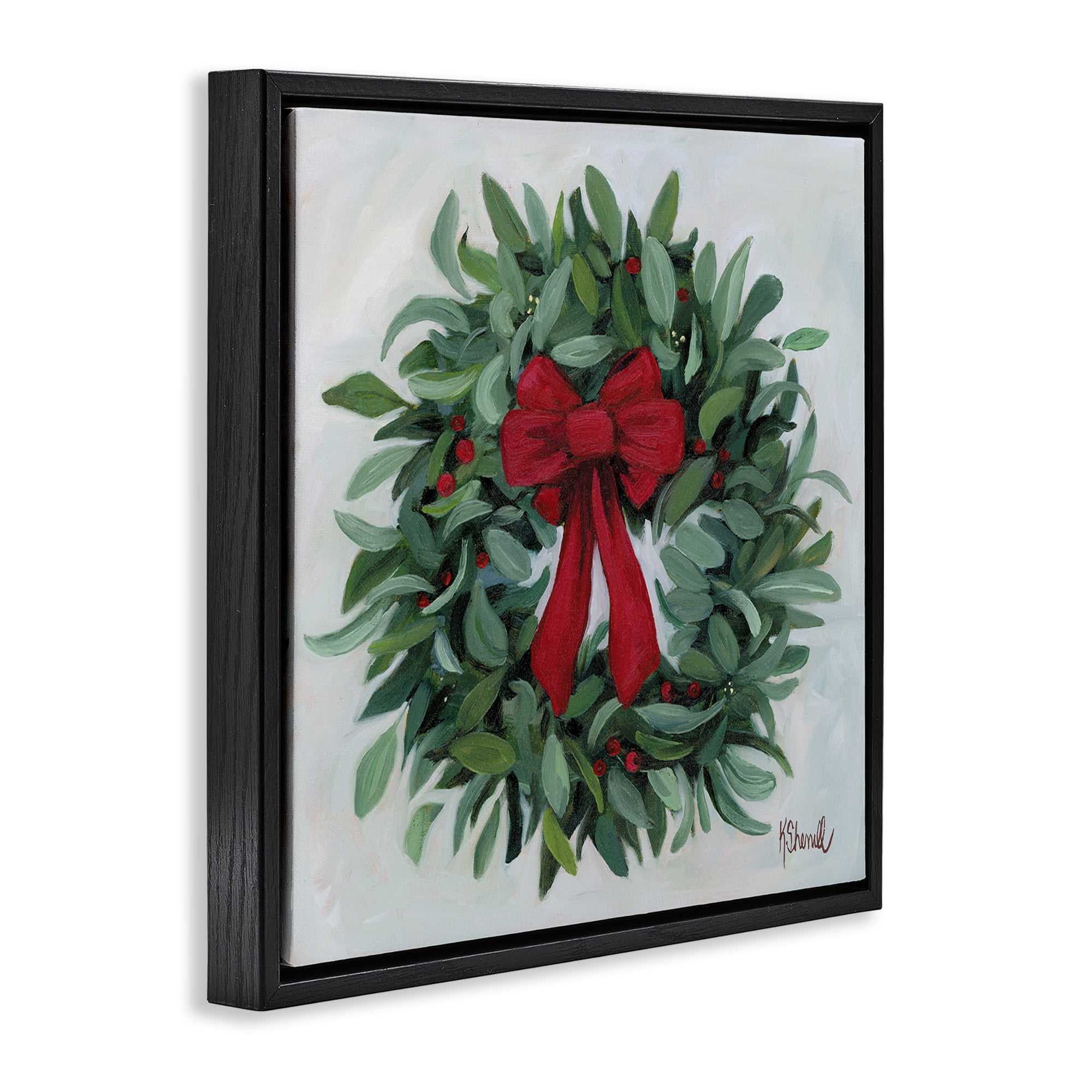 Stupell Industries Wreath with Red Bow Holiday Painting Black Floater Framed Canvas Art Prints Wall Art, 25 x 25