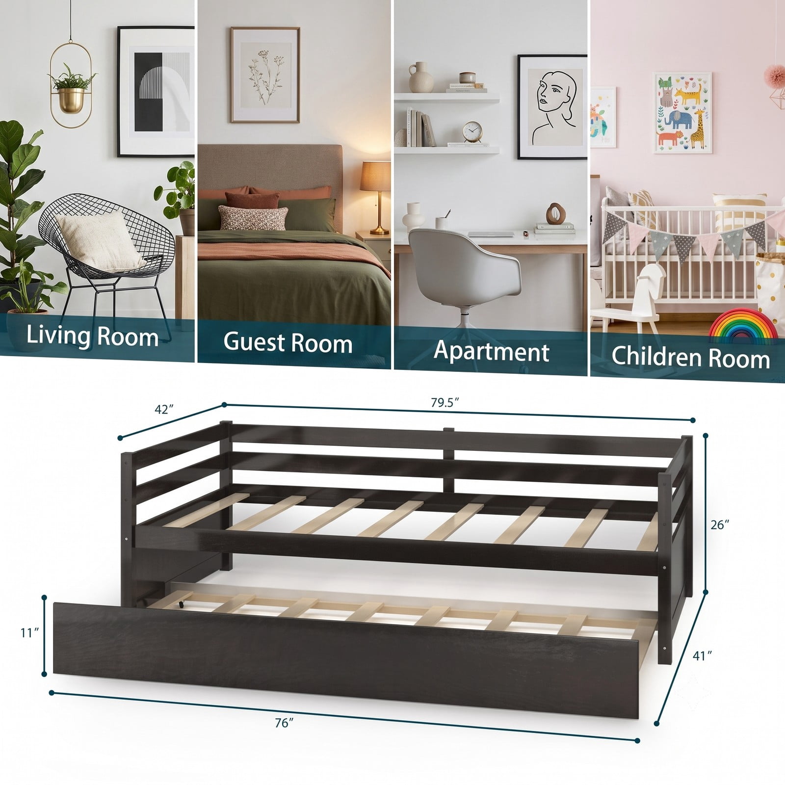 Furnibear Twin Daybed Frame with Pull Out Trundle and Wooden Slat Support and Side Rails for Bedroom and Guest Room, Dark Brown