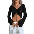 thumbnail image 2 of Womens Crochet Crop Tops Tie Front Bell Long Sleeve Cardigan V Neck Knit Shrug Sweaters Black XL, 2 of 8