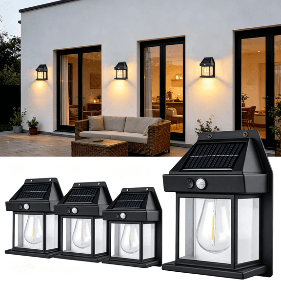 DUKOU Solar Wall Lights Outdoor 4-Pack,Dusk to Dawn Solar Motion Sensor Porch Lights,Waterproof Exterior Sconce Lantern with 3 Modes for Patio Fence Front Door Garage (Black,1-Bulb)