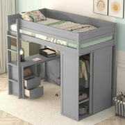 Euroco Wood Twin Size Loft Bed with Desk and Wardrobe, Gray