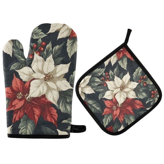 Yayeee Oven Mitts and Pot Holder Set of 2 Heat Resistant Kitchen Gloves Baking Hot Pad, White Christmas Leaves