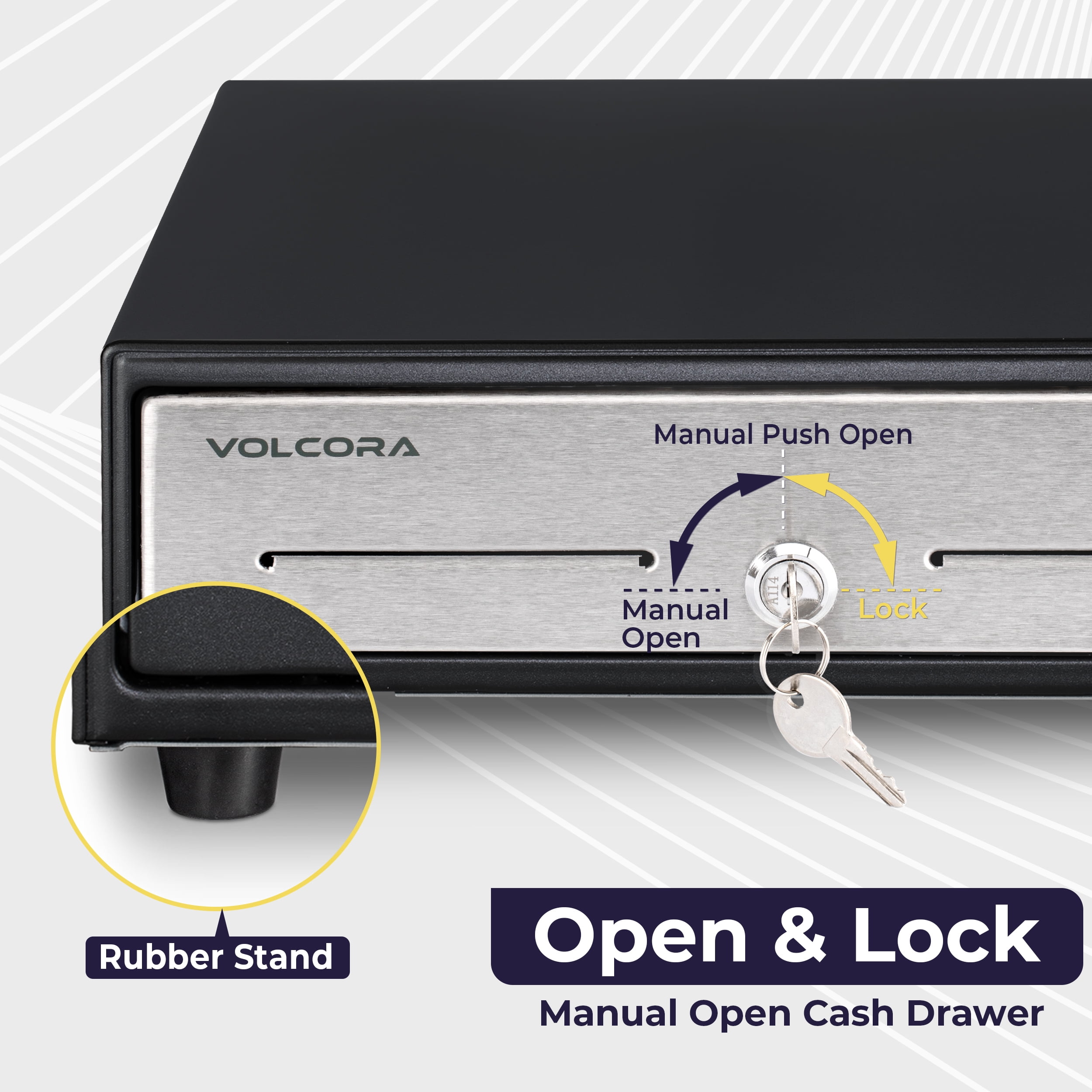 Volcora 13 Manual Push Open Cash Register Drawer for POS System, Touch Panel Stainless Steel Front, Black Heavy Duty Till 4 Bills 5 Coin, Key Lock, Fully Removable Money Tray Double Media Slots