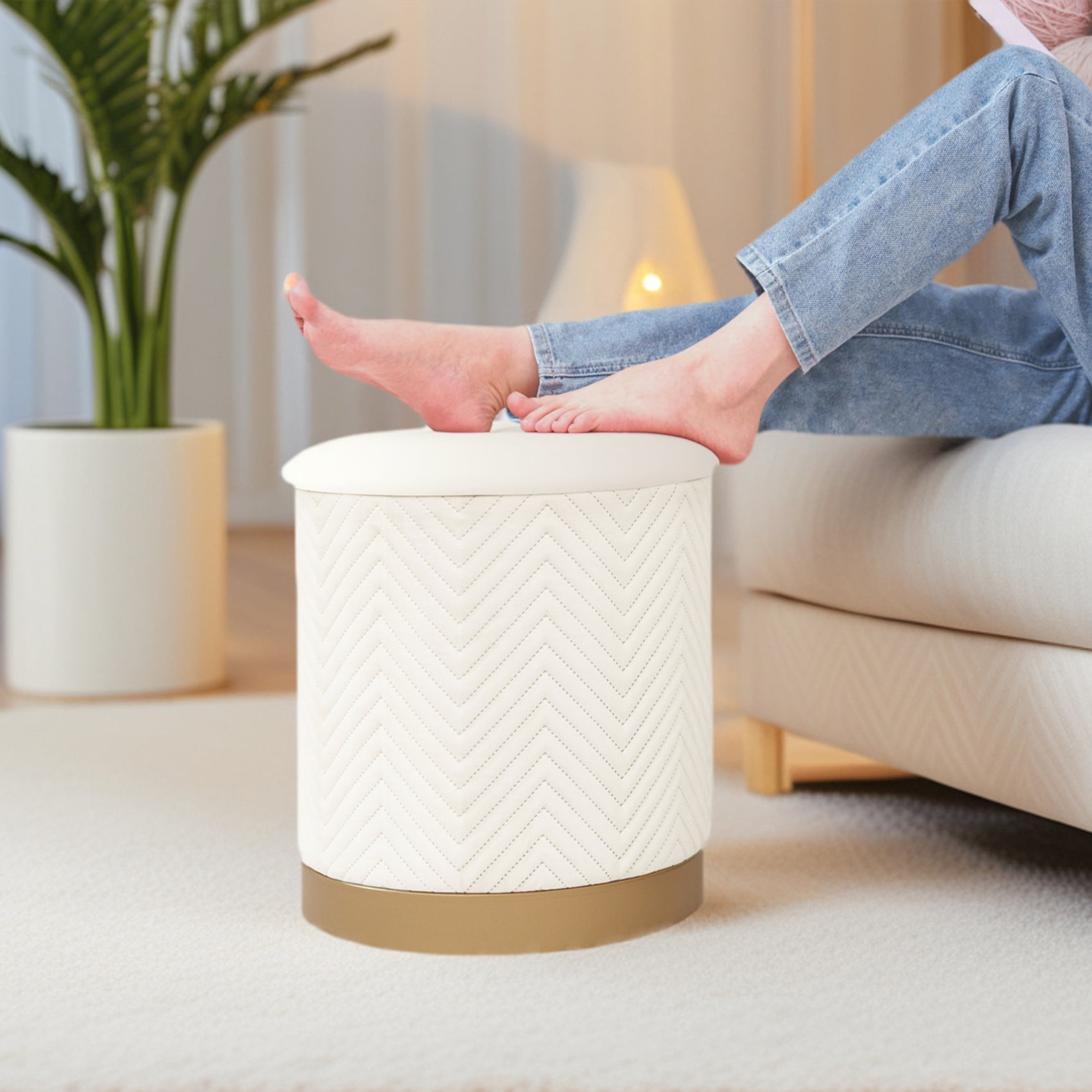PINPLUS 15" Round Storage Ottoman with Tray Gold Edge Stool Leg Foot Rest for Living Room White,Velvet Fabric