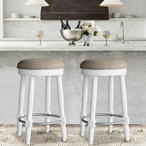 AGODY Bar Stools Set of 2, 26" Counter Height, 360° Rotating Wooden Barstool with Fabric Upholstered Seat, WHITE Finish, Stylish Accent for Kitchen, Dining, and Living Room