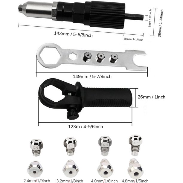 Pinza remachadora eléctrica, kit de adaptador de taladro inalámbrico, tuerca remachadora, kit de herramientas manuales, mango antideslizante, llave de mango, con cabezal convertible de 2,4/3,2/4,0/4,8 mm LingWen 8390614188600