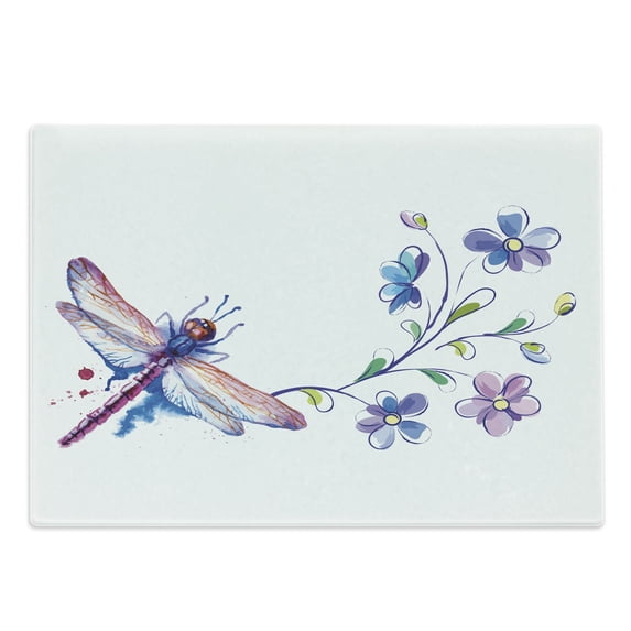 Dragonfly Cutting Board, Watercolor Bug Butterfly Like Moth Branch Ivy Flowers Lilies Art, Decorative Tempered Glass Cutting and Serving Board, Large Size, Green Purple and Blue, by Ambesonne