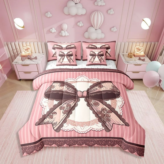 Erosebridal Bow-tie Bedding Sets Twin Size, Vintage Princess Bow Comforter Sets with Sheets, Abstract Decor, 7-Piece