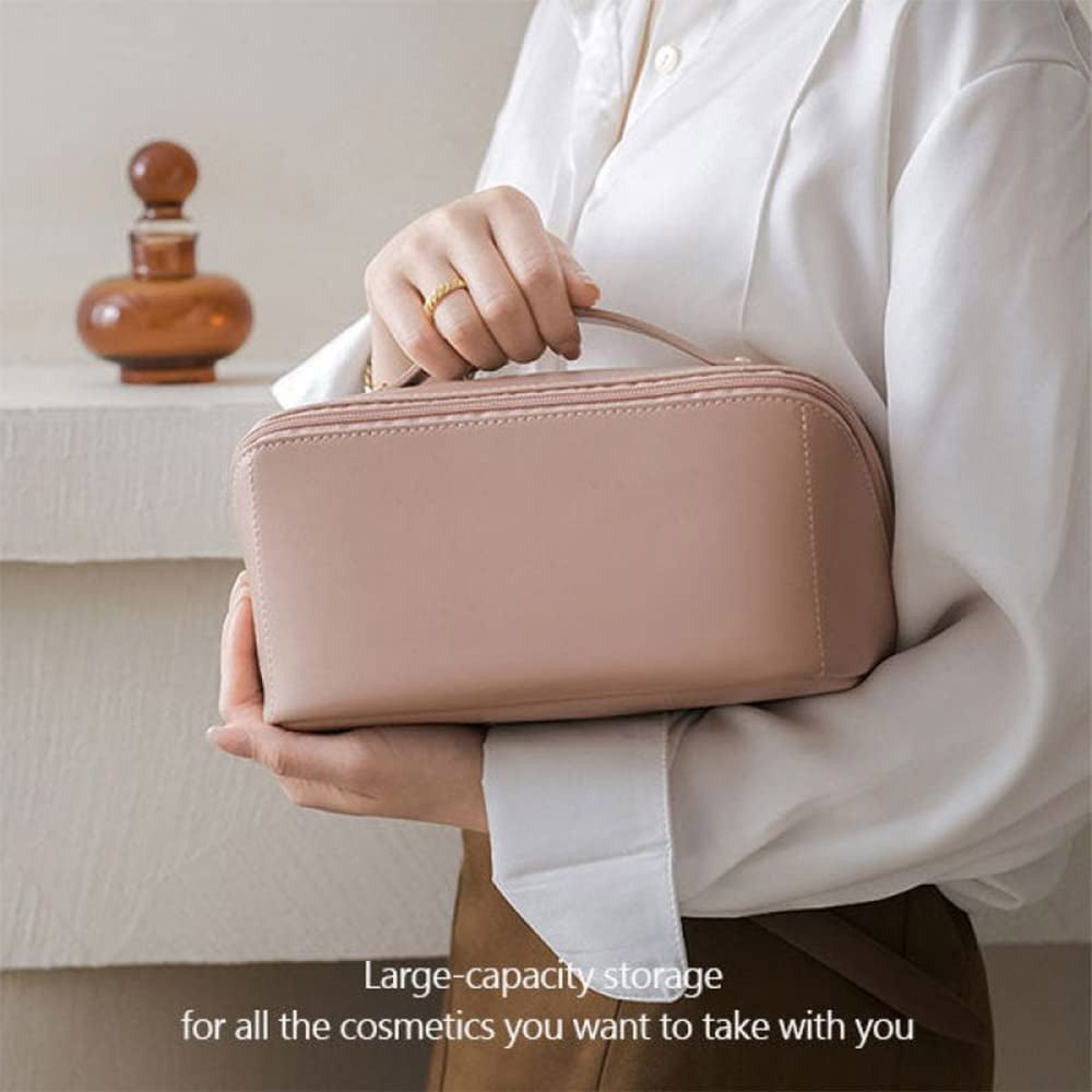  Makeup Bag - Large Capacity Travel Cosmetic Bag for Women,  Multifunctional Open Flat Toiletry Bag with Handle, Washable Waterproof  Beauty Zipper Makeup Organizer PU Leather, White : Beauty & Personal Care