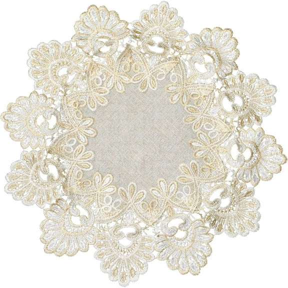 Linen Round Doily, Beige and White Table Cover with Lace Trim Embroidered Dining Tablecloth Cover Table Decor for Dining Room Kitchen (40 * 40cm)
